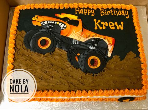 Happiest of birthdays to Krew’s. He celebrated today with El Toto Loco…#decoratedcakes #cakedecorating #cakesofinstagram #instacake #cakestagram #decoratedsheetcake #sheetcakesdonthavetobeboring #sheetcake #handcutfondant #handpaintedfondant #birthdaycake #eltoroloco #monstertruckcake #decoratedcakes Monster Truck Sheet Cake Ideas, Monster Jam Birthday Sheet Cake, Monster Jam Sheet Cake Ideas, Monster Jam Sheet Cake, El Toro Loco Cake, Toro Loco Cake, El Toro Loco Birthday Party, Toro Loco Birthday Party, Pastel Monster Truck