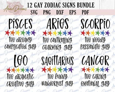 Gay Zodiac SVG Bundle LGBT Pride SVG Bundle Gay Horoscope | Etsy Queer Humor, Zodiac Svg, Zodiac Sign Designs, Pride Festival, Taurus And Aquarius, Pride Svg, Pride Png, Zodiac Traits, Horoscope Signs