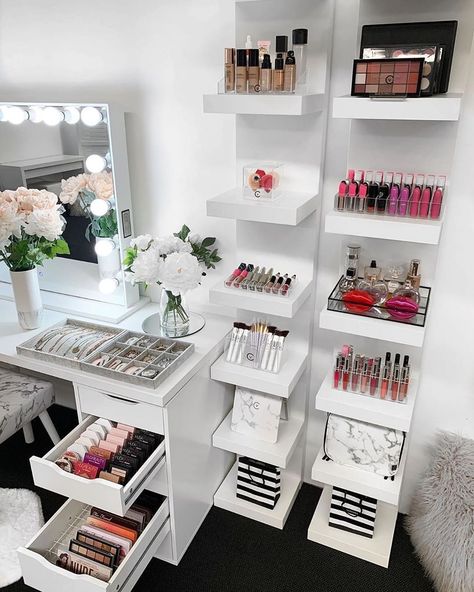 VANITY COLLECTIONS on Instagram: “For all the IKEA Lack shelf lovers. 😍 . These shelves are perfect for space saving but still allowing you to store and organise your…” Vanity Storage Ideas, Ikea Lack Shelf, Vanity Collections, Makeup Room Design, Lack Shelf, Ikea Lack Shelves, Makeup Vanity Storage, Makeup Beauty Room, Drawing Room Decor