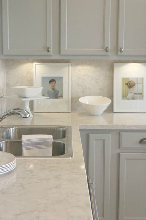 Behr Classic Silver, Serene Kitchen, Marble Accent Wall, Kitchen Renovation Diy Ideas, Diy Kitchen Makeover Ideas, Cabinets Painted, Kitchen Diy Makeover, Condo Kitchen, Diy Kitchen Renovation