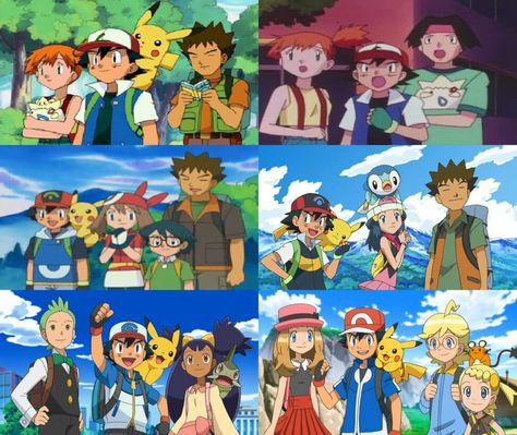 Ash with: Misty (2x), some random person holding Togepi, Brock (3x), May, Max, Dawn, Cilan, Iris, Serena, Clemont, and Bonnie Cilan X Ash, Pokemon Ash And Misty, Ash Serena, Pokemon Xyz, Cartoon Pokemon, Pokemon Video Games, Pokemon Series, Ash And Misty, Ash And Serena