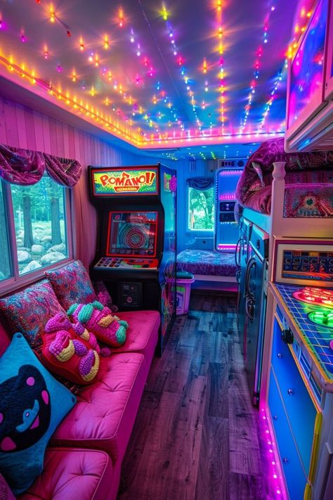 Arcade Bedroom, Synthwave Room, Chill Rooms, Home Arcade, Colorful Room Decor, Chill Room, Future Apartment Decor, Funky Home Decor, Retro Arcade