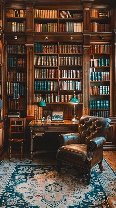 An inviting classic study room with a leather armchair, wooden desk, and shelves full of books. Classic Study Room, Vintage Study Room, Luxurious Library, Elegant Library, Dark Wood Shelves, Desk And Shelves, Comfortable Reading Nook, Wedding Nightgown, Library Interior