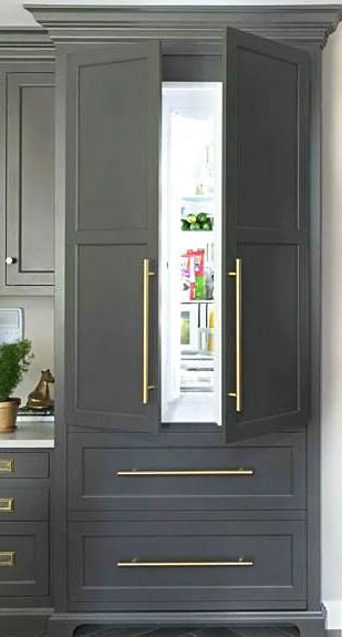 Choosing a built-in, panel-ready refrigerator. - Victoria Elizabeth Barnes Hidden Refrigerator, Built In Microwave Cabinet, Panel Ready Refrigerator, Cabinet Trends, Kitchen Ikea, Built In Refrigerator, Gray Cabinets, White Appliances, New Kitchen Cabinets