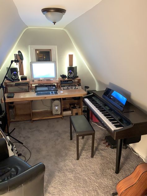 I turned a room in my finished attic into a modest music studio. Space to lounge, track, mix, and create. Mixing Studio Design, Attic Music Room Ideas, Loft Music Studio, Music Studio Ideas Decor, Home Studio Aesthetic Music, Musician Room Ideas, Attic Music Studio, Bedroom Studio Music, Musician Room Aesthetic