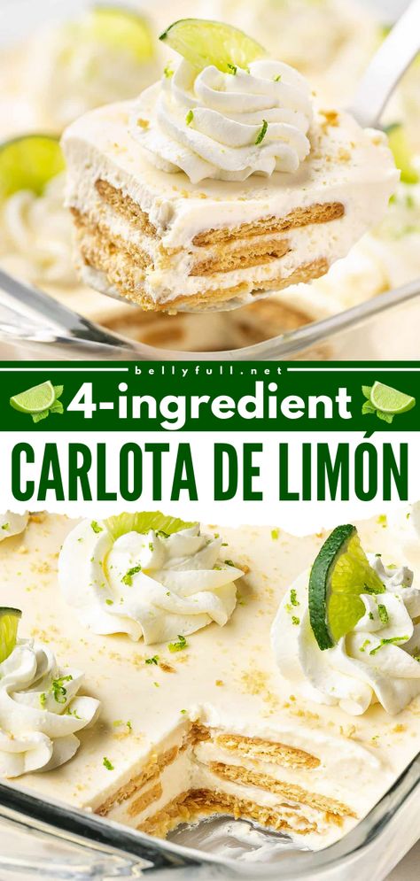 "This Carlota de Limón (aka Lime Icebox Cake) is an easy, creamy, tangy no-bake dessert made with just 4 ingredients and 10 minutes of prep time! It’s perfect for Cinco de Mayo, all summer long, and any occasion throughout the year when you need an effortless, but elegant looking dessert.

" Lime Icebox Cake, Mexican Dessert Recipes Easy, Lime Dessert Recipes, Canada Camping, Digestive Cookies, Camping Meal, Lime Desserts, School Recipes, Recipes Learn