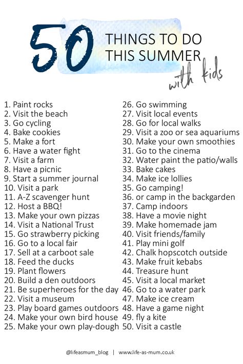 50 things to do with the kids this summer! Summer With Kids, Summer Bucket List For Teens, Ultimate Summer Bucket List, Bucket List For Teens, Summer Journal, Summer To Do List, 100 Things To Do, What To Do When Bored, Summer Fun List