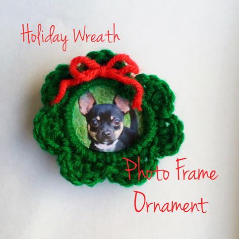 19 Cozy Crochet Christmas Ornaments | FaveCrafts.com Crochet Christmas Photo Frame, Crochet Photo Ornaments, Crochet Photo Frame Ornaments, Crochet Picture Frame Ornament, Crochet Picture Frames Free Pattern, Xmas Photo Frames, Crochet Kindness, Frame Ornaments, Crochet Christmas Wreath