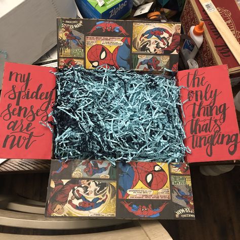 #deployment #military #militarywife #navywife #carepackage #carepackageideas #carepackageidea #spiderman #spidermancarepackage Spiderman Box Ideas, Spiderman Gifts For Boyfriend, Marvel Valentines, Spiderman Gifts, Handmade Gifts For Boyfriend, Kids Toy Shop, Bff Gifts Diy, Creative Birthday Gifts, Creative Gifts For Boyfriend