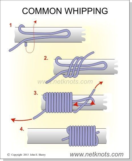 Common Whip (Knot). Used to attach line guides, winders, etc. & reinforce cane pole joints. Tassen Hanger, Camping Knots, Simpul Makrame, Pola Macrame, Survival Knots, Knots Guide, Paracord Knots, Knots Diy, Rope Knots