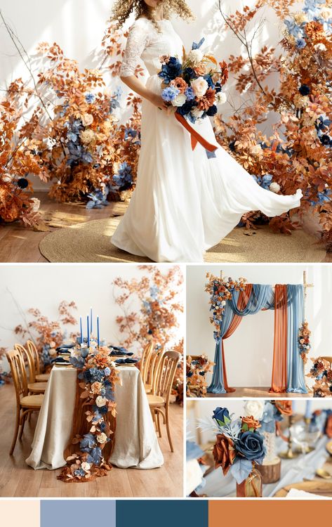 Different Wedding Colors Colour Palettes, Blue Pumpkin Wedding, Russet Orange And Denim Blue Wedding, August Wedding Decor, Dusty Blue And Burnt Orange Wedding, Fall Blue Wedding Colors, Terracotta And Dusty Blue Wedding, Dusty Blue And Orange Wedding, Dusty Blue And Rust Wedding