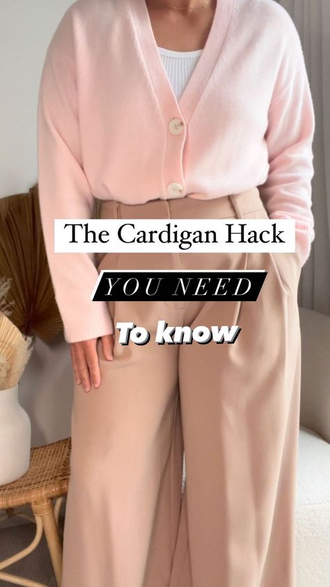 Emelia Morris Stylist | Style Hack Alert Got an oversized button cardigan that’s too long and bulky to tuck? Ive got you covered! Say goodbye to awkward lengths… | Instagram Cardigan Tucked In, Cardigan Tuck Hack, How To Button A Cardigan Hack, How To Tuck In Oversized Sweater, Cardigan Button Hack, How To Style A Long Cardigan, Tuck Cardigan, Styling A Cardigan, Cardigan Hacks