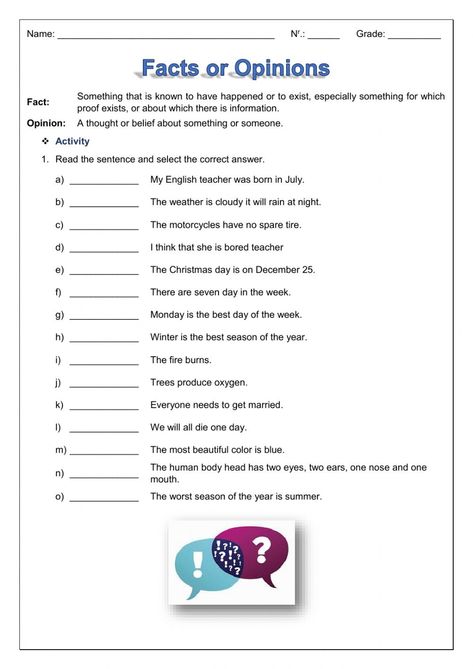 Facts or Opinions worksheet Fact And Opinion Worksheet, Fact Or Opinion, Facts And Opinions, Problem Solution Essay, Decimal Word Problems, Kids Exercise, Dumbo Octopus, Bored Teachers, History Essay