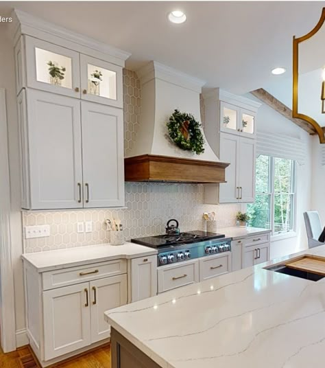 Unique Oven Hoods, Range Hood Ideas No Upper Cabinets, Oven Hoods In White Kitchen, Cottage Oven Hood, Stained Range Hood, Range Hoods Ideas Farmhouse, Kitchen Hood Styles, White Range Hood With Oak Cabinets, Kitchen Hood Ideas Farmhouse