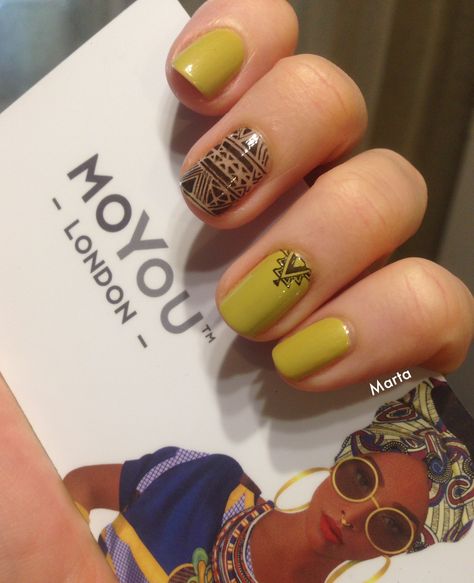 OPI Don't Talk Bach To Me.  Aztec stamping with MoYou London Africa 07. Short Safari Nails, Safari Inspired Nails, African Safari Nails, African Inspired Nail Design, Africa Nails, Africa Trip, Manicure Tips, Nail Products, Nail Art Videos