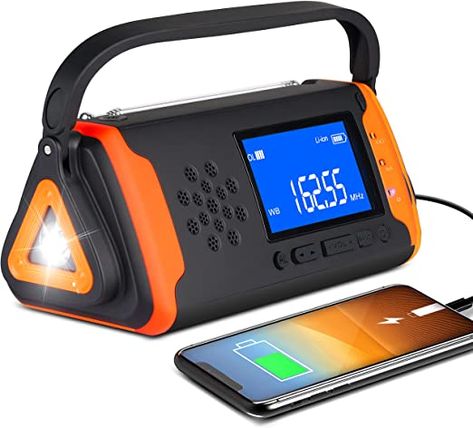 Weather Broadcast, Noaa Weather Radio, Emergency Radio, Bright Led Flashlight, Portable Radio, Cell Phone Charger, Hand Crank, Solar Charging, Phone Charger