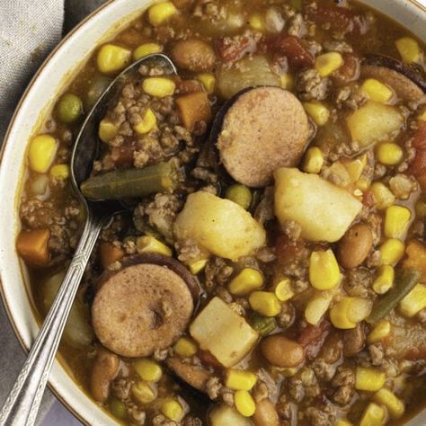 Texas Cowboy Stew (Easy Recipe) Texas Cowboy Stew Recipe, Cowboy Stew Recipe, Texas Cowboy Stew, Stew Easy, Bean And Sausage Soup, Cowboy Stew, Hamburger Stew, Texas Cowboy, Texas Cowboys