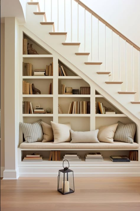 Staircase Design Bookshelf, Under Stair Open Space, Reading Corner Under The Stairs, Bookshelf In Stairs, Bookshelf In Staircase, Shelves In Stairwell, Under Stair Storage Design, Stairs In Living Room Small Spaces, Under Stairs Bookshelf