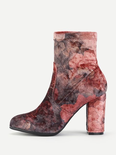 Shop Flower Print Block Heeled Ankle Boots online. SheIn offers Flower Print Block Heeled Ankle Boots & more to fit your fashionable needs. Bride Boots, Floral Ankle Boots, Floral Boots, Print Block, Velvet Boots, Block Heel Ankle Boots, Purple Shoes, Boots Women Fashion, Fabulous Shoes