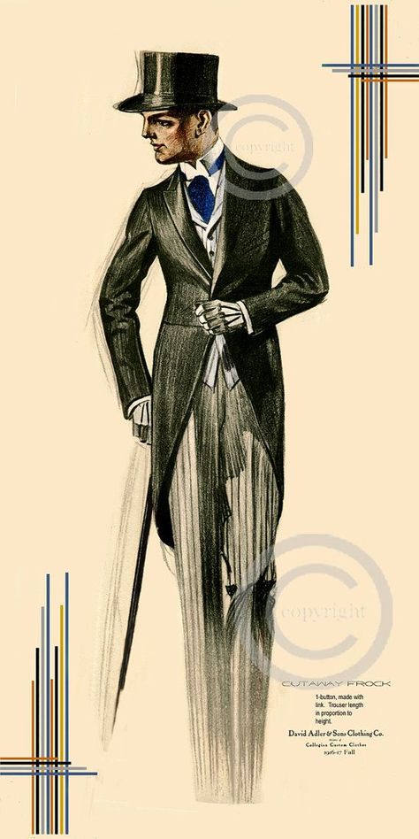 Art Deco Mens Fashion Print, Elegant Top Hat, suit with Tails, Cutaway Mens Suit, Ritz Style, Wall decor, Giclee Art Print, 10x20, 1917-1918 Please visit my website www.artreproductionservices.com for details. Art Deco Clothing, Art Nouveau Fashion, Der Gentleman, Mens Fashion Illustration, Art Deco Illustration, Vintage Mens Fashion, Hat Print, Art Deco Posters, Jazz Age