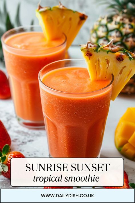 Sunrise Sunset Tropical Smoothie Tofu Smoothie, Tropical Smoothie Recipes, Tropical Smoothie Cafe, Sunset Tropical, Mango Pineapple Smoothie, Smoothie Recipes Strawberry, Orange Smoothie, Smoothies With Almond Milk, Tropical Smoothie