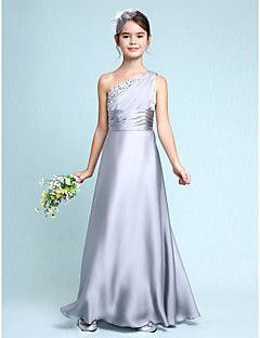 Sheath / Column One Shoulder Floor Length Chiffon Junior Bridesmaid Dress with Side Draping Ruching by LAN TING BRIDE® Silver Bridesmaid Dresses, Satin Flower Girl Dress, Cheap Flower Girl Dresses, Kids Wedding, Girls Dresses Online, Bridesmaid Dressing Gowns, Kids Party Dresses, Bridesmaid Dresses Online