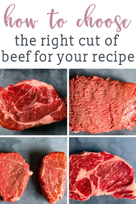 We're decoding beef cuts and helping you know how to choose the right cut of beef for your recipe. Choose the best cut of meat for burgers, grilling, braising and roasting. #beef #steak #groundbeef Best Roast Recipe, Beef Cuts Chart, Best Cut Of Steak, Different Cuts Of Beef, Good Steak Recipes, Fajita Marinade, Roast Beef Sandwich, Easy Beef Stew, Best Burger Recipe