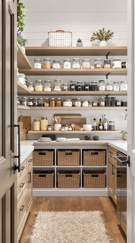 Modern Farmhouse Interior Modern Farmhouse Pantry Ideas, Barndominium Pantry, Barn Style House Interior, Easy Pantry Organization, Modern Farmhouse Interior Design Ideas, Modern Farmhouse Design Ideas, Modern Farmhouse Pantry, Contemporary Farmhouse Kitchen, Pantry Farmhouse