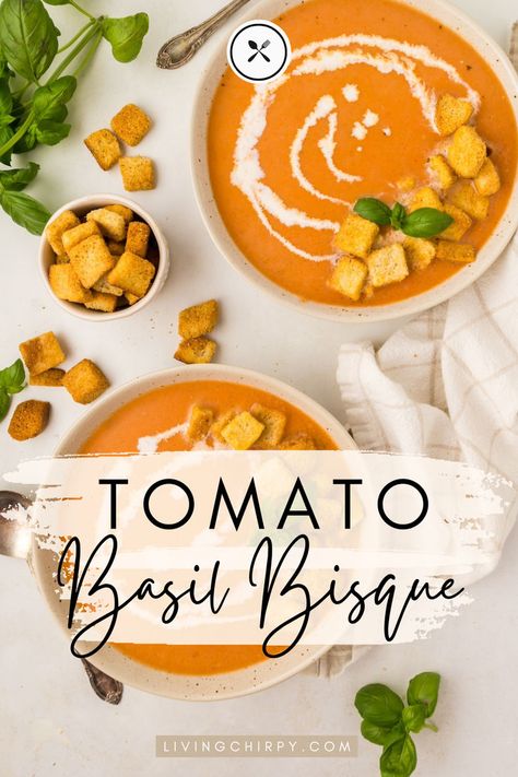 Tomato Basil Bisque Tomato Basil Bisque, Tomato Bisque Soup, Bisque Soup Recipes, Tomato Basil Soup Recipe, Bisque Soup, Bisque Recipe, Parmesan Crisps, Seafood Chowder, Tomato Bisque