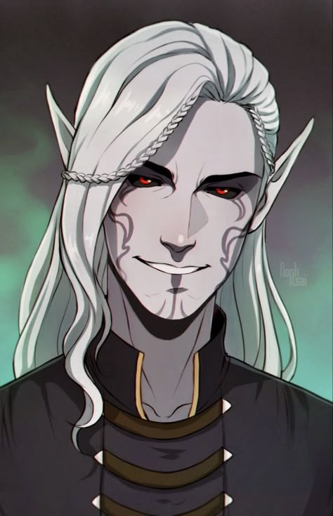 Vampire Elf Art, Mark Of Shadow Elf, Male Changeling Dnd, Shadar Kai Male, Drow Male Art, Male Elf Character Design, Dark Elf Male, Changeling Dnd, Evil Elf