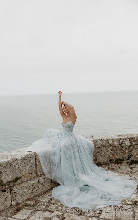 Lace Strapless Princess Ballgown Wedding Dress in Windsor Blue Very Light Blue Wedding Dress, Blue Fairy Wedding Dress, Winter Blue Wedding Dress, Icy Blue Wedding Dress, Blue Flower Wedding Dress, Blue Wedding Dress Aesthetic, Powder Blue Wedding Dress, Light Blue Wedding Dress The Bride, Blue Wedding Dress Bride