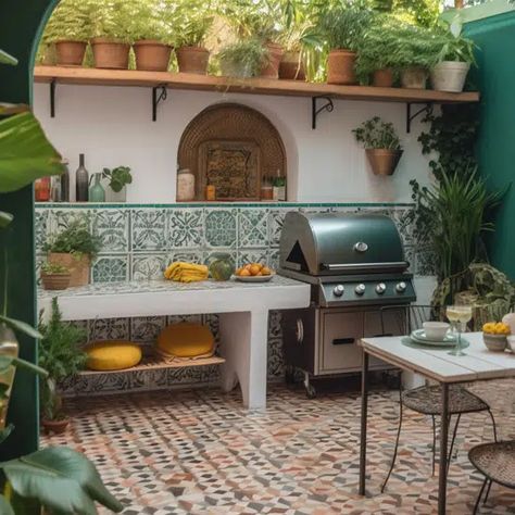 Small Magical Garden, Outdoor Sink, Bar Bench, Rustic Outdoor Kitchens, Mediterranean Exterior, Dirty Kitchen, Outdoor Sinks, Backyard Bar, Pizza Oven Outdoor