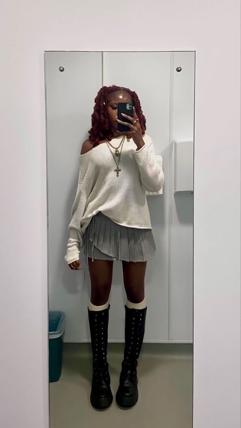 Nodress Skirt Outfit, Crew Neck Skirt Outfit, Fall Boots Outfit Black Women, Thanksgiving Outfit Alt, Boho Mini Skirt Outfit, Hyper Feminine Style, Cute Winter Fits Baddie, Lace Thigh Highs Outfit, Sweater Outfit With Skirt