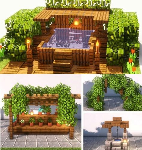 Minecraft Back Porch Ideas, Inside Decor Ideas Minecraft, Minecraft Comfy House, Minecraft Patio Design, Minecraft Balcony Ideas To Build, Outdoor Patio Ideas Minecraft, Minecraft Decor Outdoor, Minecraft Pergola Ideas, Minecraft Interior Ideas Cottage