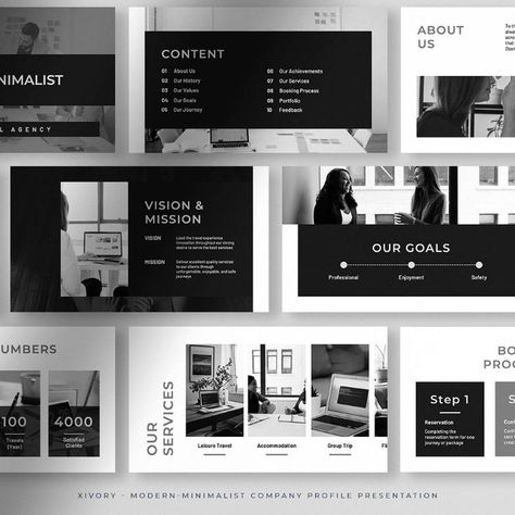 Xivory â€?Black Modern Minimalist Company Profile Presentation PowerPoint Template Minimalist Powerpoint Design, Company Profile Design Templates, Company Profile Presentation, Professional Brochure, Mission Vision, Professional Powerpoint Templates, Modern Web Design, Professional Powerpoint, Powerpoint Themes