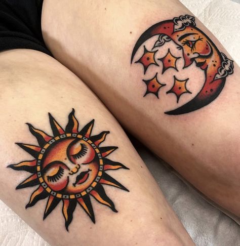 American Traditional Symmetrical Tattoos, Heart Eye Tattoo Traditional, American Traditional Ouija Tattoo, American Traditional Banner Design, Matching Above Knee Tattoo, American Traditional Sea Turtle Tattoo, Neo Traditional Sun And Moon Tattoo, American Traditional Tattoo Feminine, Traditional Women Tattoo