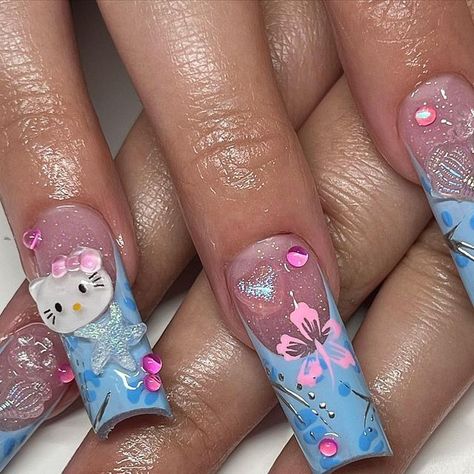 𝙙𝙞𝙖𝙣𝙖 ʚĭɞೃ | 𝙙𝙢𝙫 𝙣𝙖𝙞𝙡 𝙖𝙧𝙩𝙞𝙨𝙩 on Instagram: "hk island adventure :p  inspo @shynebychelle   #hellokitty #hellokittynails #kawaiinails #summernails #nailinspo #junknails #dmvnailtech" Tropical Hello Kitty Nails, Hello Kitty Gel X Nails, Summer Hello Kitty, Keywestkitten Nails, Xl Kawaii Nails, Hello Kitty Gyaru Nails, Customized Nails, 21st Birthday Nails, Sanrio Nails