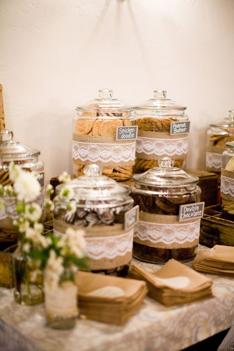 Pretty empty glass jars arranged on a table for guests to add their cookies to. #holidayentertaining Hessian Wedding, Deco Champetre, Cookie Bar, Wedding Buffet, Santa Barbara Wedding, Burlap Wedding, S'mores, Sweet Table, Wedding Desserts