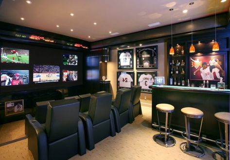 sports-bar-home-theater-contemporary-with-multiple-tvs-home-theater Sports Cave, Cave Design, Man Cave Living Room, Sports Man Cave, Cave Room, Basement Home Theater, Nerd Cave, Theater Chairs, Man Cave Room