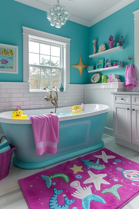 Mermaid Bathroom Ideas, Underwater Palace, Fun Kids Bathroom Ideas, Bathtub Designs, Under The Sea Bathroom, Fun Kids Bathroom, Pastel Bathroom, Sea Bathroom, Modern Bathroom Designs