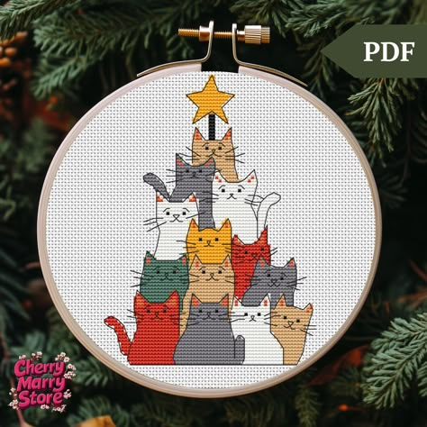 Cat Christmas Cross Stitch Patterns, Cat Christmas Cross Stitch, Christmas Cat Cross Stitch, Cross Stitch Christmas Tree, Cat Cross Stitch Pattern, Cross Stitch Christmas Ornaments, Cat Cross Stitch, Cross Stitch Patterns Christmas, Cross Stitch Kit