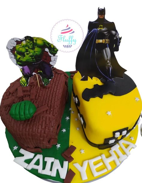 Hulk and batman birthday cake for twins Spider Man And Hulk Cake, Hulk And Batman Cake, Batman And Hulk Cake, Batwheels Cake, Birthday Cake For Twins, Batman And Robin Cake, Batman Cake Rectangle, Batman Birthday Cakes, Avengers Cake