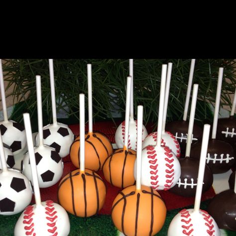 What's your sport?  Dessert pops - cake and brownie. Sport Theme Desserts, Sports Dessert Table, Sports Cake Pops, Sports Themed Treats, Sports Desserts, Dessert Pops, Cake And Brownie, Kickball Party, Toddler Birthday Themes