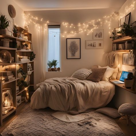 Decorating Big Bedrooms, Aesthetic Bedrooms For Couples, Earthy Comfy Bedroom, Apartment Bedroom Layout Ideas, Room With Lights Aesthetic, Warm Maximalist Bedroom, Couples Bedroom Ideas Apartments Cozy, Room Ideas For Square Bedrooms, Small College Room Ideas