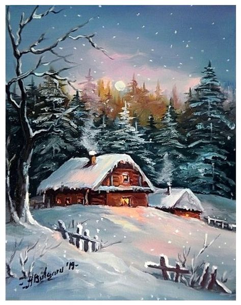 Winter Scene Paintings, Snowy Cabin, Bob Ross Paintings, Winter Landscape Painting, Christmas Paintings On Canvas, Cabin Art, Soyut Sanat Tabloları, Winter Painting, Watercolor Landscape Paintings