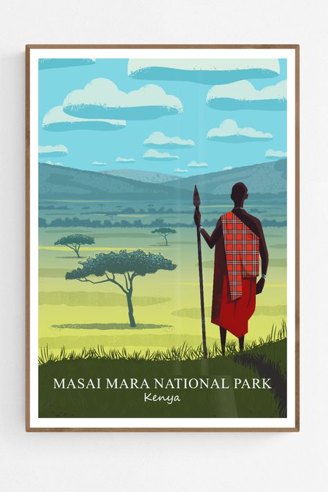 Poster or art print of an illustration of Masai Mara National Park in Kenya. The African wall decor shows a Maasai warrior overlooking the savanna from a hilltop. Kenya Poster, Clothing Illustration, Chihuahua Art, Afrique Art, Travel Art Print, Masai Mara, African Decor, Africa Art, National Park Posters