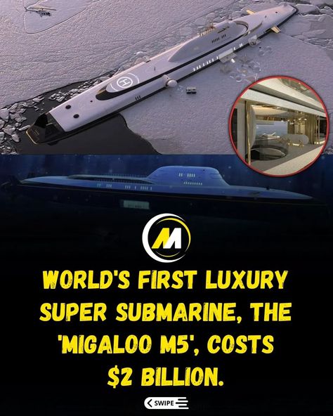 The Migaloo M5 redefines luxury with its $2 billion super submarine, equipped for a month-long underwater stay. It features a pool, cinema, and adventure gear including jet skis and mini-submarines. Crafted in Austria, this submersible marvel offers both underwater escapades and aerial experiences with its helicopter pad and hot air balloon, promising opulence in the depths and beyond. . . . Follow @motivationalmafiaa for more . . Photo @migaloosubmarines . . #MigalooM5 #SuperSubmarine #Unde... Adventure Gear, Jet Ski, Helicopter, First World, Submarine, Pool, Instagram