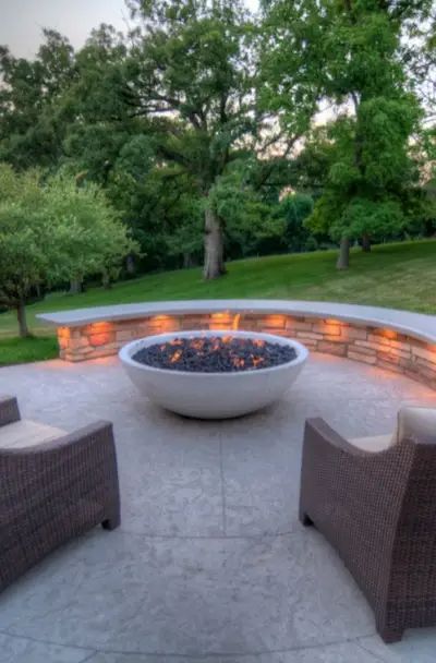 Fire Pit Ideas Backyard Cement, Propane Firepits Backyard Ideas, Sunk In Fire Pit Backyard Ideas, Outdoor Patio Extension Ideas, Backyard Gas Fire Pit Ideas, Stamped Concrete Patio With Fire Pit, Stamped Concrete Fire Pit Area, Backyard Ideas Concrete, Backyard Firepit Ideas