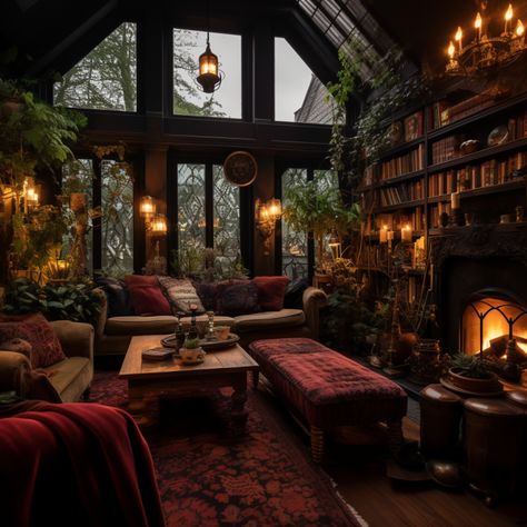 Witchy Living Room, Dark Academia Kitchen, Dark Cottagecore House, Dark Academia Interior, Dark Academia Home, Gallery Exhibit, Cozy Family Room, Inviting Living Room, Fairytale House