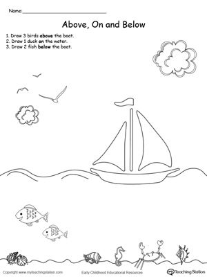 *FREE* Drawing Objects Above, On, and Below: Practice recognizing "above", "on" and "below" positions by drawing the objects based on the instructions.  In this coloring math printable worksheet, your child will draw pictures  above, on and below other objects. Above And Below Worksheets, Positional Words Worksheet, Positional Words Kindergarten, Drawing Objects, Positional Words, Kindergarten Drawing, Worksheet For Kindergarten, Words Worksheet, Kindergarten Letters